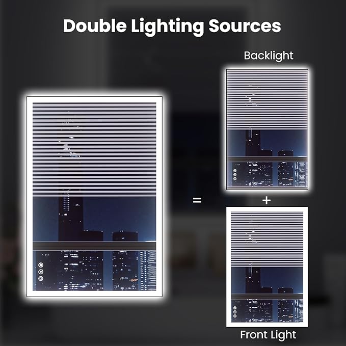 WTTY 28"X36" LED Bathroom Mirror with Black Frame, Bathroom Vanity Mirror with Lights for Wall, Front Light and Backlit, Anti-Fog, Dimmable, 3 Colors, Shatterproof, Memory, Horizontal/Vertical