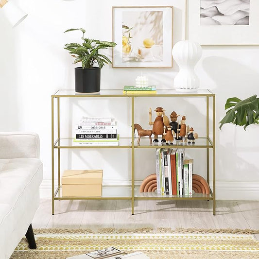VASAGLE 39.4 Inch Console Table with 3 Shelves, Set of 2 Sofa Tables, Modern Entryway Table, Metal Frame, Tempered Glass Shelf, Entryway Living Room Bedroom, Metallic Gold and Transparent ULGT999G01