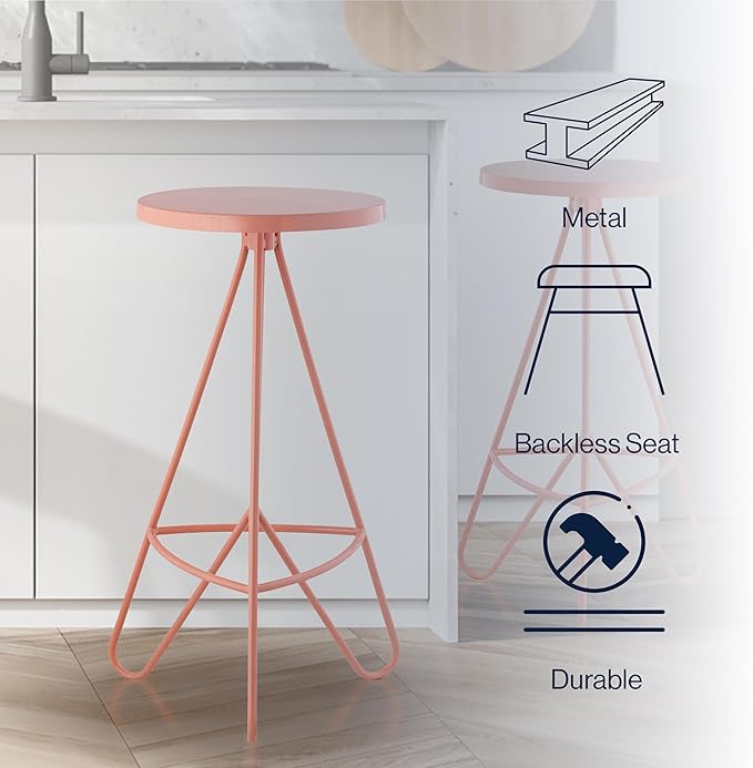 JONATHAN Y BSL1002C Trinity 30" Modern Industiral Iron Tripod Backless Bar Stool for Home, Kitchen, Dining Room, Workspaces, Cafes and Resturants, Pink Frame