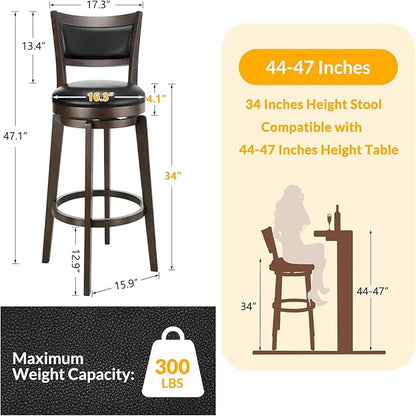 PrimeZone Swivel Bar Stools Set of 4, 34 Inch Extra Tall Bar Height Barstools, Black Faux Leather Bar Stool with High Backrest, Solid Wood Leg, Wrap-Around Footrest, Counter Stools for Pub