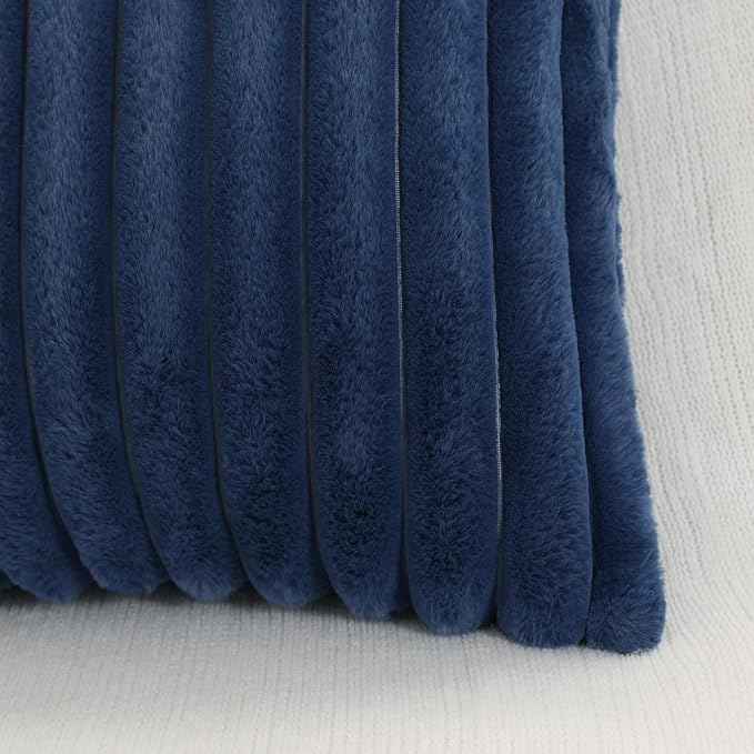 Pallene Faux Fur Plush Lumbar Throw Pillow Covers 12x20 Set of 2, Luxury Soft Fluffy Striped Decorative Pillow Covers for Sofa, Couch, Living Room, Navy Blue