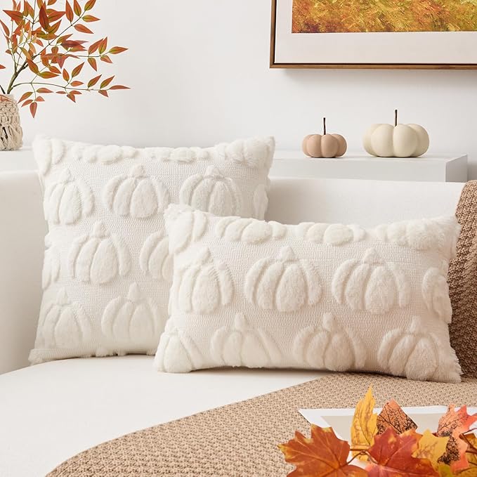 Kevin Textile Fall Pillow Covers 18x18 Inch Set of 2 Soft Pumpkins Decorative Square Pillowcases Plush Autumn Faux Fur Cushions Harvest Gift for Couch Sofa Chair Bedroom Home Decor, Cream White