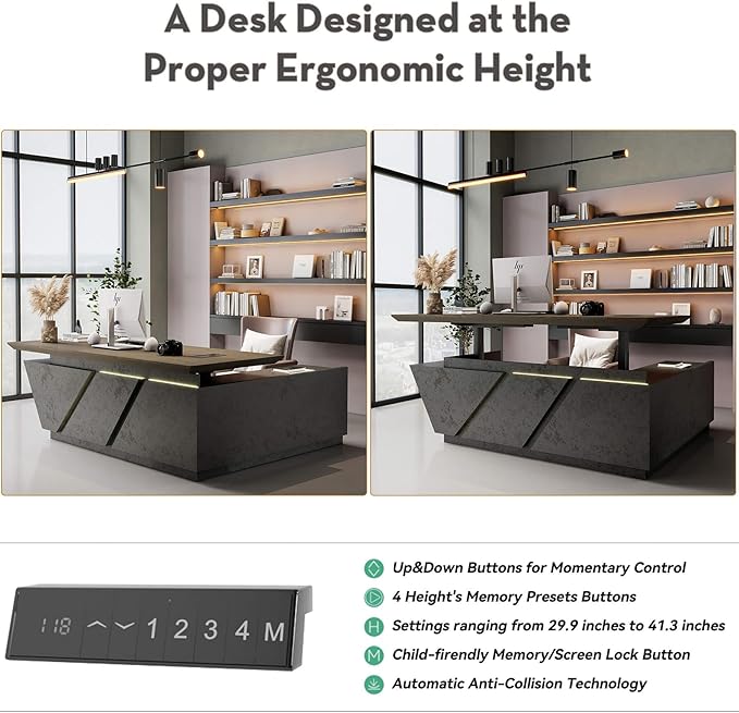78.74" Adjustable Height L-Shaped Executive Desk with LED Light Strip - Black Inverted Trapezoid Design, Includes Storage Cabinet with Drawers & Doors, Ergonomic Standing Office Desk for Home & Office
