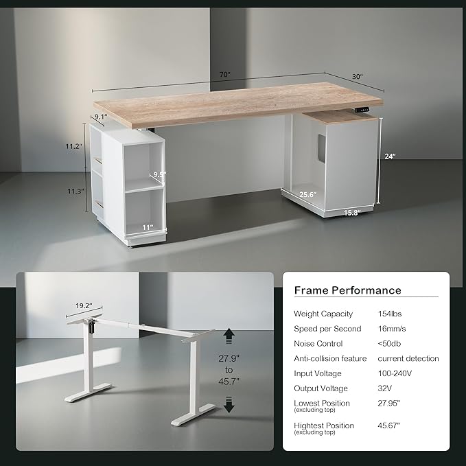 71" Standing Desk with 2 File Cabinet, AC/USB, 1.18" Desktop, L Shaped Height Adjustable Desk, Electric Furniture Set with Multiple Functions for Home and Office, Light Walnut