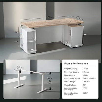 71" Standing Executive Desk with Privacy Panel, Large One-Piece Electric Height Adjustable Stand Up Desk with Charging Station, File Cabinet Storage, Home and Office, Light Walnut
