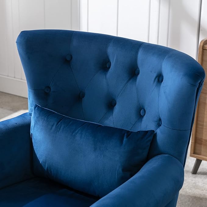 Mid Century Modern Accent Chair Upholstered Armchair Comfy Velvet Tufted Wingback Single Sofa with Ottoman for Bedroom Living Room, Blue