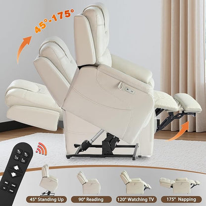 EONIX Triple Motor Lay Flat Power Lift Recliner Chair for Elderly with Massage, 400lbs Electirc Lift Chair for Living Room, Independent Adjustable Backrest Headrest, Extended Footrest, Cream White