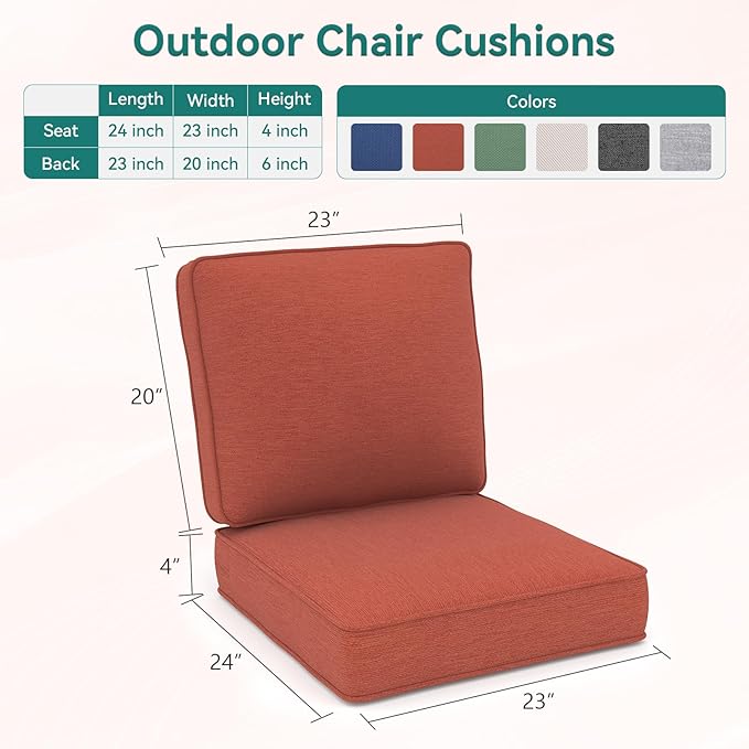 Outdoor Chair Cushions 23" x 24" x 4", Patio Deep Seat Replacement Cushions Set with Zippered Removable Cover, Weather-Resistant Olefin Fabric for Garden Chair Sofa Couch, Set of 5, Red