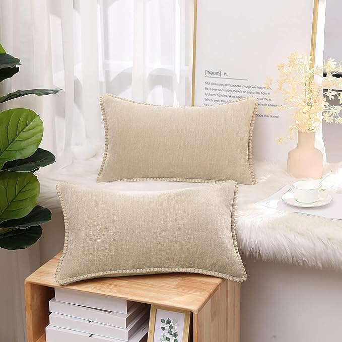 decorUhome Chenille Soft Throw Pillow Covers 12x20 Set of 2, Lumbar Velvet Farmhouse Neutral Decorative Euro Pillow Covers with Stitched Edge for Couch Sofa Bed Home Decor, Beige