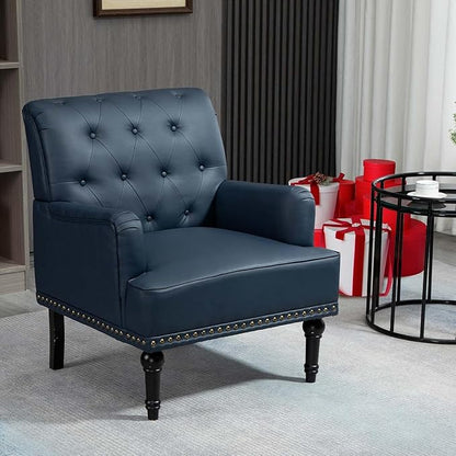 MOJAY PU Leather Accent Chair, Mid-Century Armchair Living Room Sofa Chair with Rubber Wood Leg, Club Chair with Rivet Trim for Bedroom Reading Room Reception (DarkBlue)
