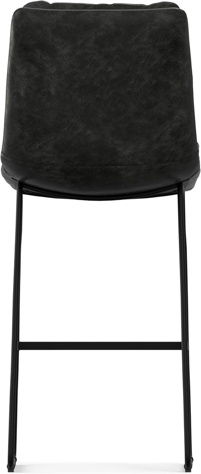 SIMPLIHOME Danika Bar Stools (Set of 2) - 29 inch Seat Height Upholstered Metal Bar Chairs in Distressed Charcoal Grey Vegan Faux Leather, Mid Century Seating for Kitchen with Tufted Pillow-Top Seat