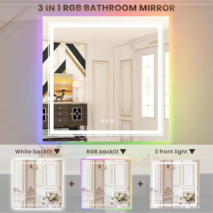 WTTY RGB LED Bathroom Mirror 36"x36" with Backlit and 3 Front Light,Stepless Dimmable LED Mirror for Bathroom,Lighted Bathroom Vanity Mirror for Wall,Anti-Fog,Memory Function,Shatter-Proof