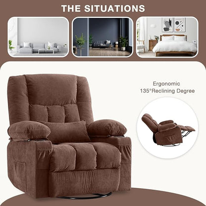 BOSMILLER Massage Swivel Rocker Recliner Chair with Vibration Massage and Heat Ergonomic Lounge Chair for Living Room with Rocking Function and Side Pocket, 2 Cup Holders, USB Charge Port