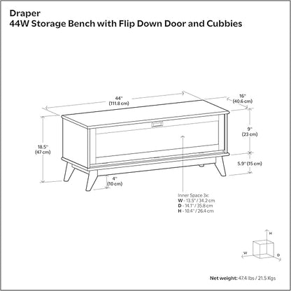 SIMPLIHOME Draper Storage Bench - 44 inch Wide Solid Wood Entryway Bench in Teak Brown, Mid Century Hallway Bench for Living Room with Flip-Down Door and 3 Cubbies