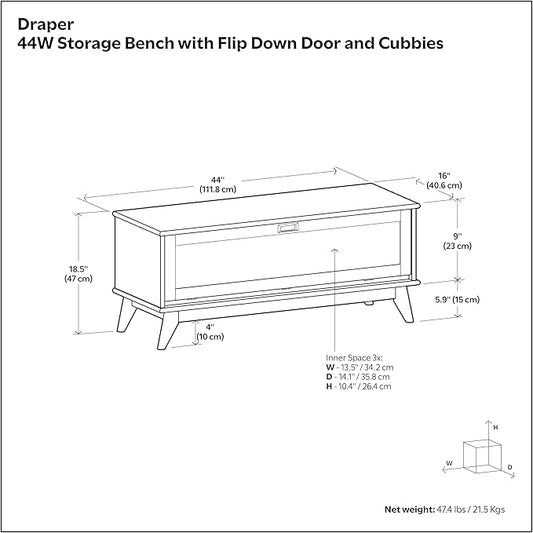 SIMPLIHOME Draper Storage Bench - 44 inch Wide Solid Wood Entryway Bench in Teak Brown, Mid Century Hallway Bench for Living Room with Flip-Down Door and 3 Cubbies