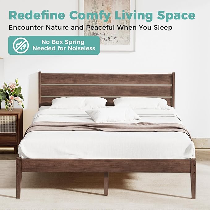 Full Bed Frame, Mid Century Platform Bed Frame with Ladder Headboard, Malaysian Oak Bedframe with Solid Wood Foundation, Noise-Free, Easy Installation, Full Size, Antique Espresso