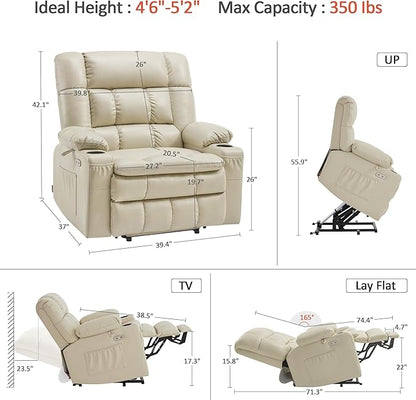 MCombo Dual Motor Power Lift Recliner Chair for Elderly, Lay Flat Lift Chair with Heat and Massage, Petite Wide Lift Chair, Cup Holders, USB A&C Ports, Faux Leather R7894 (Cream White, Small-Wide)