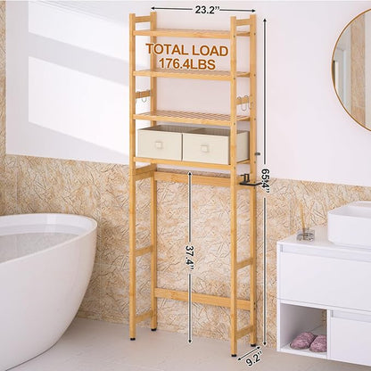 Over The Toilet Storage with 2 Baskets, 4-Tier Bamboo Organizer Rack with Paper Holder & 4 Hooks & Waterproof Feet Pad,Freestanding Shelf for Bathroom(Natural)