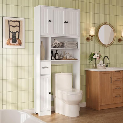 Ahomly Over The Toilet Storage Cabinet with Adjustable Shelves and Five Doors, Over Toilet Bathroom Organizer, Above Toilet Storage Cabinet with Open Shelves for Bathroom, Restroom, Laundry, White