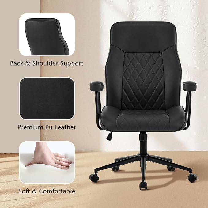 Leather Home Office Desk Chairs, Comfy Office Chair, Mid Century Modern Office Chair with Lumbar Support, Mid-Back Adjustable Swivel Computer Chair with Wheels and Arms, Black