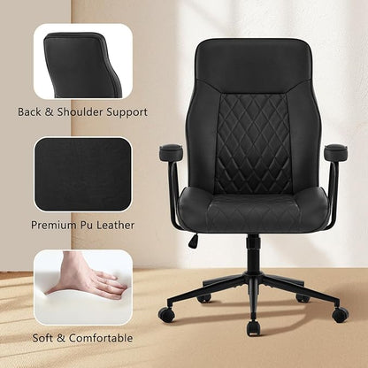 Leather Home Office Desk Chairs, Comfy Office Chair, Mid Century Modern Office Chair with Lumbar Support, Mid-Back Adjustable Swivel Computer Chair with Wheels and Arms, Black