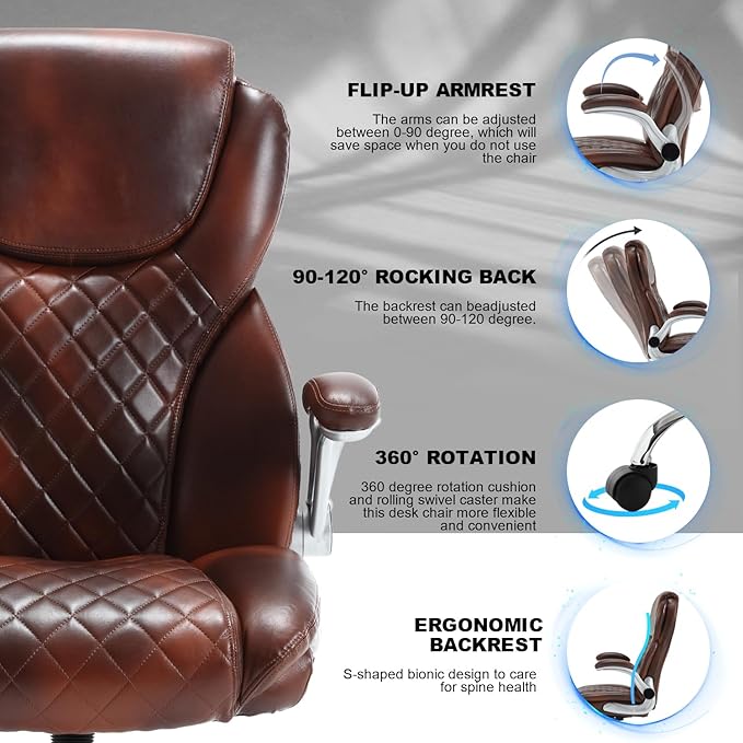 Executive Office Chair Brown, PU Leather High Back Office Desk Chairs with Wheels, 90-120° Rocking Managerial Ergonomic Big Tall Home Computer Chairs with Flip up Arms and Lumbar Support