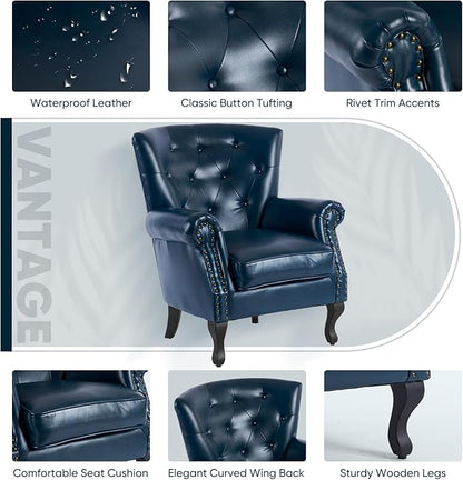 MOJAY PU Leather Accent Chair Set of 2, Mid-Century Modern Armchair Living Room Club Chair with Tufted Button & Rivet Trim, Upholstered Sofa Chair with Sturdy Wood Legs for Bedroom (Navy)