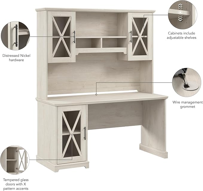 Bush Furniture Lennox 60W Farmhouse Desk with Hutch and Storage Cabinet in Linen White Oak | Computer Table for Home Office