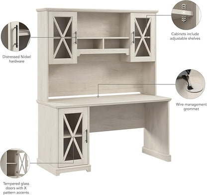 Bush Furniture Lennox 60W Farmhouse Desk with Hutch and Storage Cabinet in Linen White Oak | Computer Table for Home Office