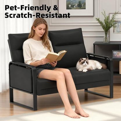 3-Piece Living Room Sofa Set, Faux Leather Loveseat & Accent Chairs Set of 2 with Foldable Tray Table & Storage Pocket, Upholstered Sofa Set for Small Spaces, Office, Black
