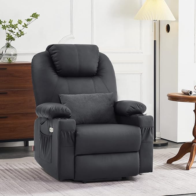 MCombo Dual Motor Large Power Lift Recliner Chair for Elderly, Lay Flat Lift Chair with Heat and Massage, Big Lift Recliner for Tall People, Faux Leather 7815 (Black, Large)