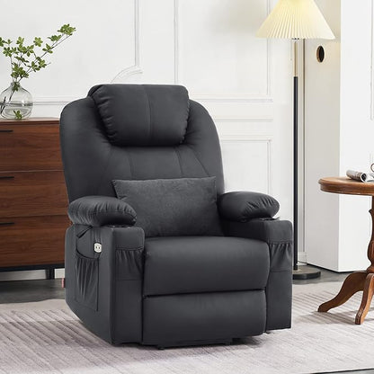 MCombo Dual Motor Large Power Lift Recliner Chair for Elderly, Lay Flat Lift Chair with Heat and Massage, Big Lift Recliner for Tall People, Faux Leather 7815 (Black, Large)