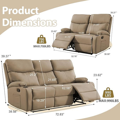 Manual Recliner Sofa Set Anti-Scratch 3 Seats Reclining, Sofa Couches with Side Pocket and Cupholders Wall Hugger Leather Couch for RV Living Room Home Theater Bedroom Apartment