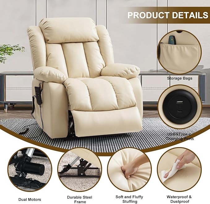 Dual Motor Large Power Lift Recliner Chair for Elderly with Heat and Massage,Lay Flat Lift Chairs Recliners for Seniors Infinite Position,USB Ports&Remote, Genuine Leather (Beige)