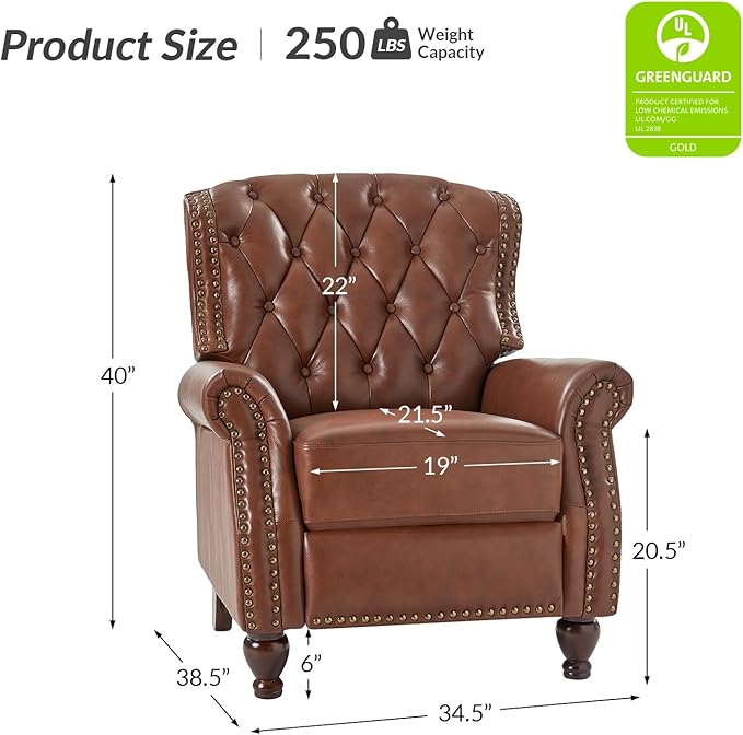 HULALA HOME Genuine Leather Recliner Chair with Solid Wood Feet, Modern Adjustable Tufted Push Back Arm Chair w/Rivet Decoration, Home Theater Seating Single Reclining Sofa for Living Room, Brown