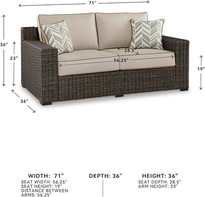 Signature Design by Ashley Coastline Bay Casual Weather Resistant Outdoor Loveseat with Cushion and 2 Throw Pillows, Nuvella Weather Resistant Fabric, Beige & Dark Brown