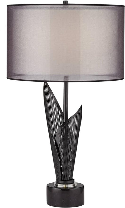 Possini Euro Design Sasha Modern Industrial Table Lamp 31 1/2" Tall Sculptural Black Metal Organza Sheer Outer White Fabric Inner Dum Shade for Bedroom Living Room House Bedside Nightstand Office