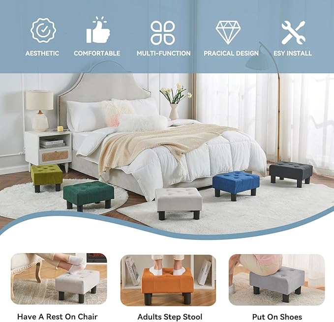 Poofzy Small Foot Stool Ottoman, Velvet Ottoman Foot Rest with Legs, Rectangle Foot Rest for Couch, Footstools and Ottomans Small for Living Room and Entryway (Beige)