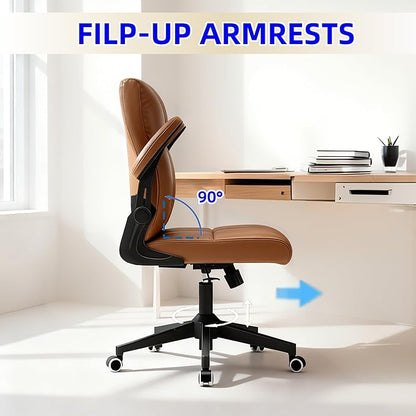 Ergonomic Office Desk Chair with Space Saving Flip-Up Arms, 360° Swivel & Reclining Back, High-Back Executive Chair in Soft Faux Leather for Office&Study (Brown)