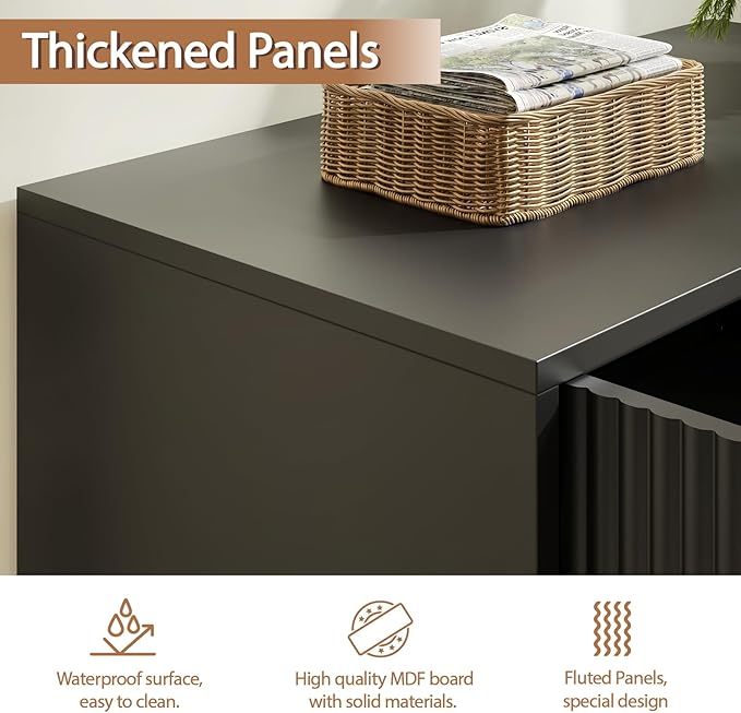 Fluted Storage Cabinet, Set of 2, Sideboard Buffet Cabinet, Modern Wood Accent Cabinet with Adjustable Shelves, Console Table for Living Room, Hallway, Entryway, Black