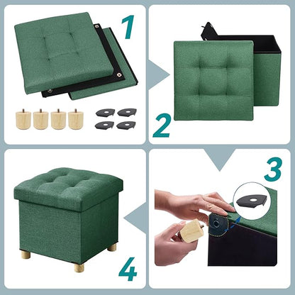 BRIAN & DANY Ottoman with Storage, Small Storage Ottoman for Dorm, Linen Folding Ottoman Foot Stool with Legs for Living Room and Bedroom, 15"x15"x15" - Dark Green