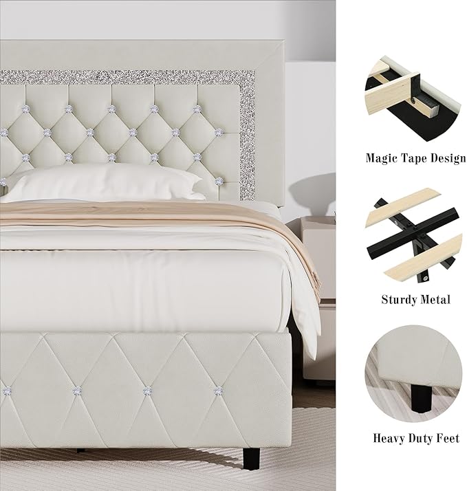 BarnFurin Twin Bed Frame with Diamond Tufted Headboard, Faux Leather Upholstered Bed with Wooden Slats Support, No Box Spring Needed, Mattress Foundation, Easy Assembly, Cream