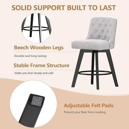 MINCETA Bar Stools Set of 2, 26 Inch Upholstered Barstools with Low Tufted Back and Footrest, Swivel Counter Height Barstools for Kitchen Island Home Bar Performance Fabric Greige