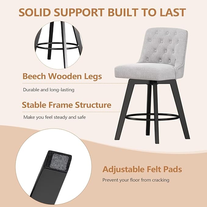 MINCETA Bar Stools Set of 4, 26 Inch Upholstered Barstools with Low Tufted Back and Footrest, Swivel Counter Height Barstools for Kitchen Island Home Bar Performance Fabric Greige