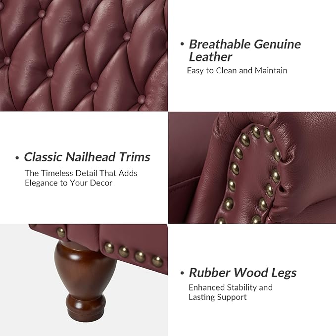 HULALA HOME Genuine Leather Recliner Chair with Solid Wood Feet, Modern Adjustable Tufted Push Back Arm Chair w/Rivet Decoration, Home Theater Seating Single Reclining Sofa for Living Room, Burgundy