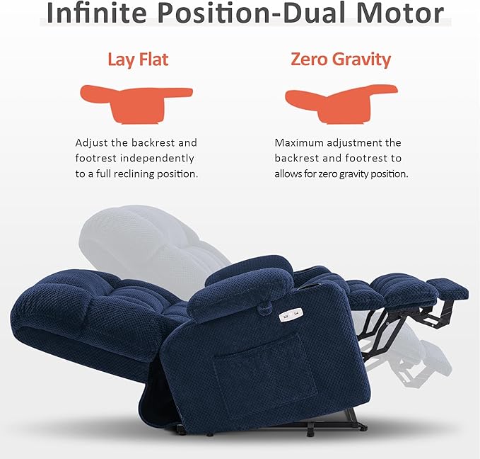 MCombo Dual Motor Power Lift Recliner Chair for Elderly, Lay Flat Lift Chair with Heat and Massage, Petite Wide Lift Chair, Cup Holders, USB A&C Ports, Fabric R7894 (Small-Wide, Navy Blue)