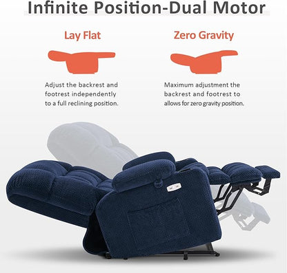 MCombo Dual Motor Power Lift Recliner Chair for Elderly, Lay Flat Lift Chair with Heat and Massage, Petite Wide Lift Chair, Cup Holders, USB A&C Ports, Fabric R7894 (Small-Wide, Navy Blue)