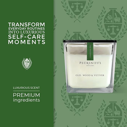 Pecksniff's Prestige 1 Wick Square Candle, Oudwood & Vetiver - Luxurious Blend of Citrus, Florals, and Precious Woods - 190g Sophisticated Home Decor and Fragrance - 6.7 oz