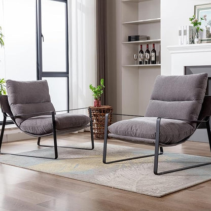 Mid-Century Accent Chair, Comfy Linen Fabric Side Chair with Armrest, Upholstered Leisure Chair with Black Metal Frame for Living Room Bedroom Reception Room, Grey
