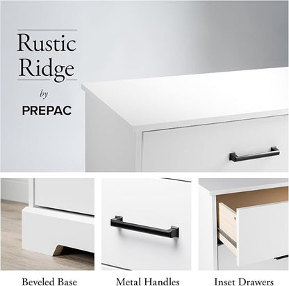 Prepac Rustic Ridge Farmhouse Nightstand Bedside Table, White Nightstand for Bedroom, End Table with 2 Drawers and Open Shelf 16.25"D x 18.75"W x 24.5"H